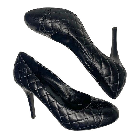 Chanel Black Quilted Leather Pumps Perforated CC Logo Size 39 EU High Heels - Picture 6 of 13